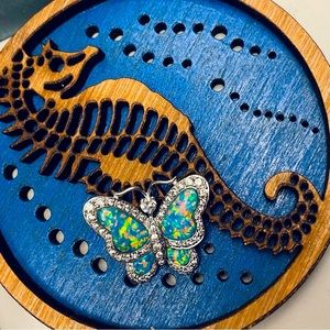 * VINTAGE * Ethiopian Fire Opal & White Sapphire Silver Butterfly Pendant / .925